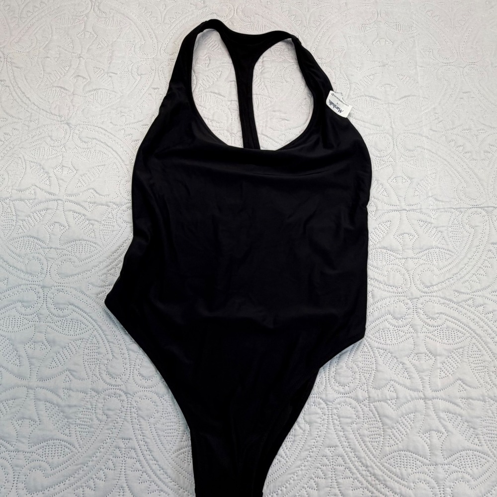 Aerie Black Racerback One Piece Cheekier Swimsuit Large L Solid Minimalist